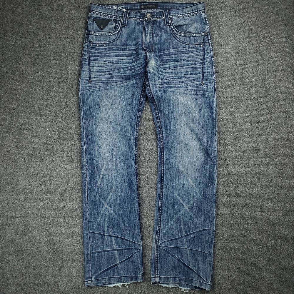 Vintage Brass Slim Straight Jeans Mens 36x34 Y2K Rocker Distressed Studded Biker